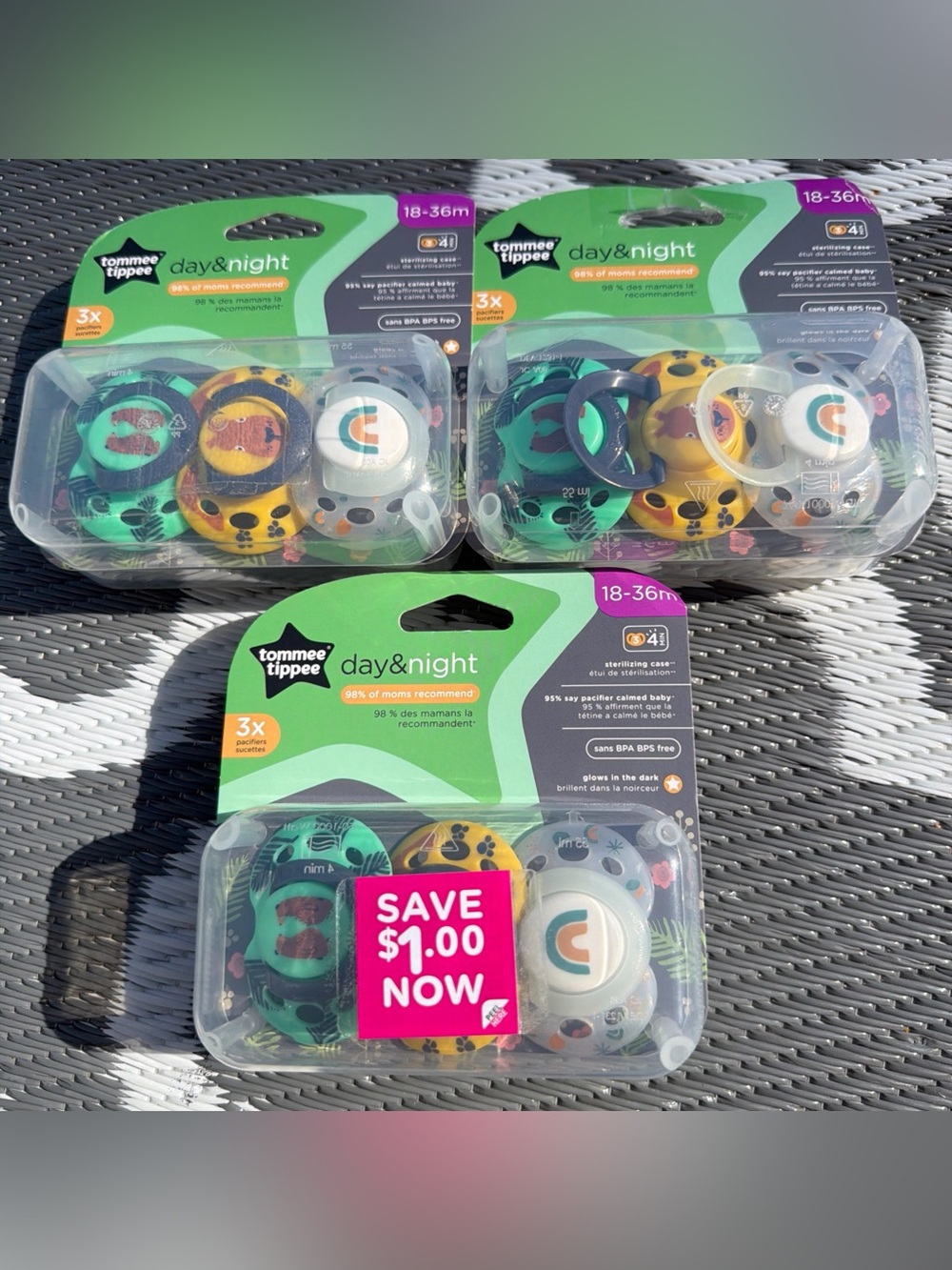 Tommee Tippee Day & Night Pacifiers - 18-36 Months, Green/Yellow/White (3-Pack)